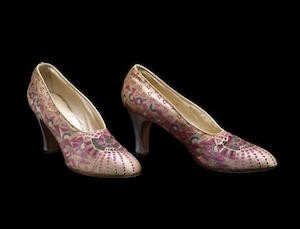   I. Miller Shoe Company, for I. Magnin, Pair of Evening Shoes, c. 1920s, silk and leather, the Museum of Fine Arts, Houston, Museum purchase funded by the Textile and Costume Institute in honor of Susanne Dawley.